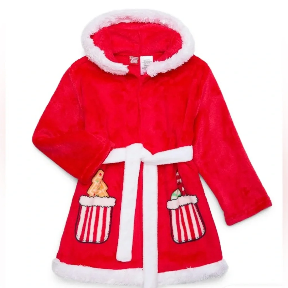 Mrs. Claus Red Plush Robe with White Trim and cute designs. NWT!‎ Size 4/5